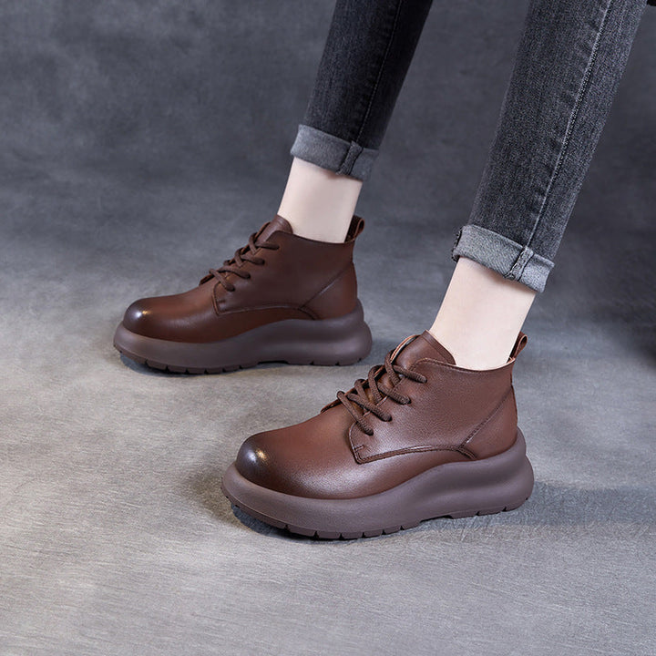 Women's Leather Lace-Up Platform High-Top Shoes – Casual & Comfortable