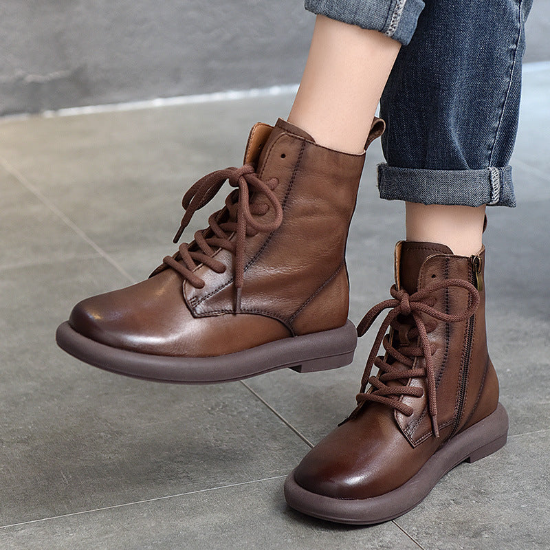 Women's Genuine Leather Casual Boots – Lace-Up & Zipper Design
