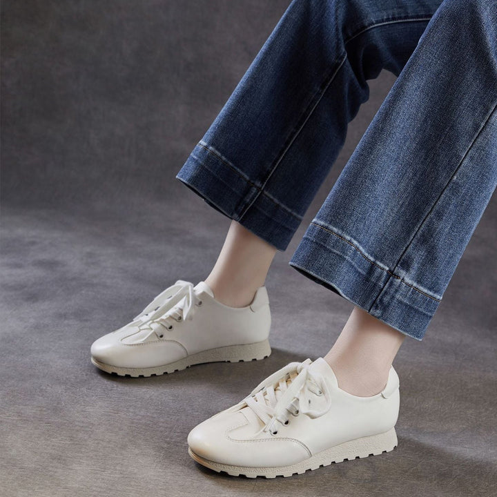 Women's Minimalist Architectural White Trainers - Premium All-Leather Walking Shoes