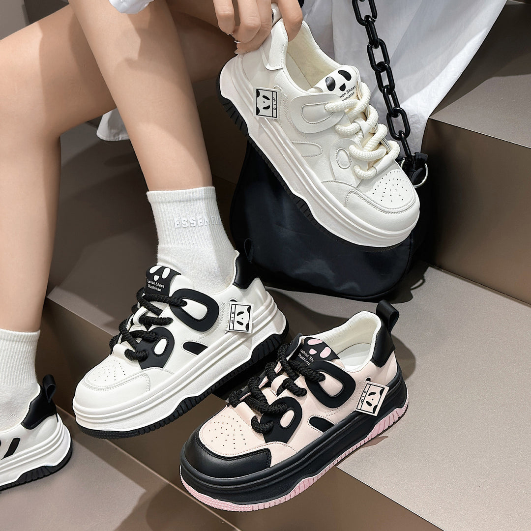 Womens Leather Cute Platform Panda Lace Up Sneakers