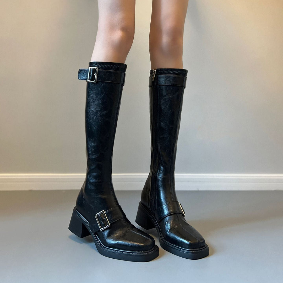 Women's Vintage Knee High Zipper Boots - Square Toe Buckle Strap Chunky Block Heel Riding Boots