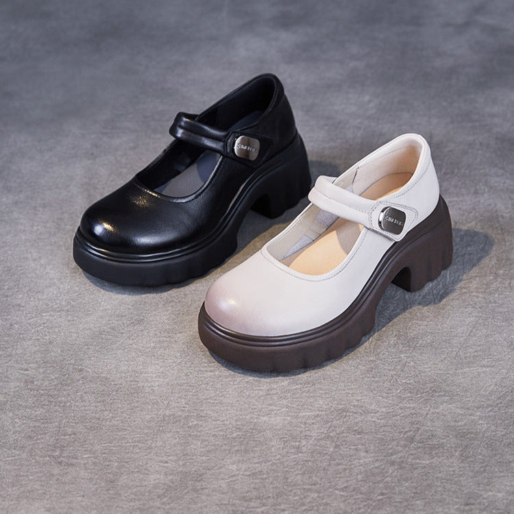 Luxury Leather Mary Janes for Women - Platform Heel with Velcro