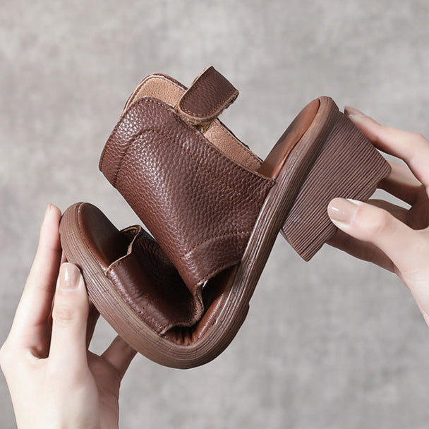 Women's Leather Block Heel Hollow Out Open Toe Sandals