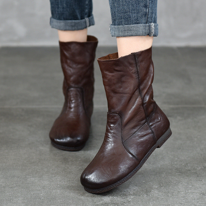 Women's Leather Round-Toe Calf Boots – Casual Comfortable Shoes