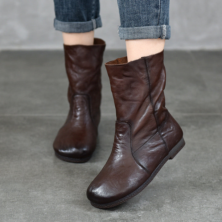Women's Leather Round-Toe Calf Boots – Casual Comfortable Shoes