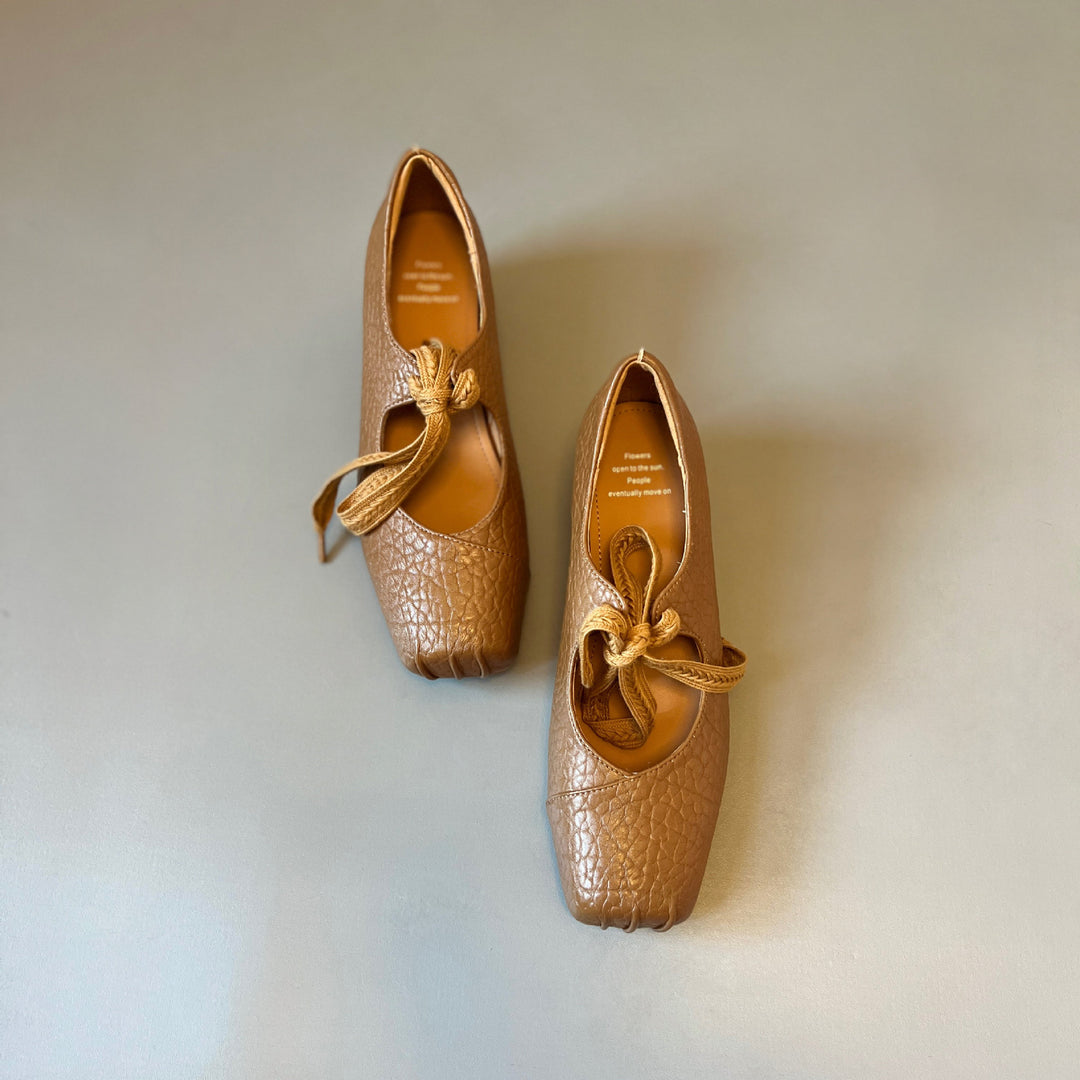 Women's Lychee Pattern Leather Ballet Flats - Square Toe Ribbon Lace-Up Mary Jane Pumps