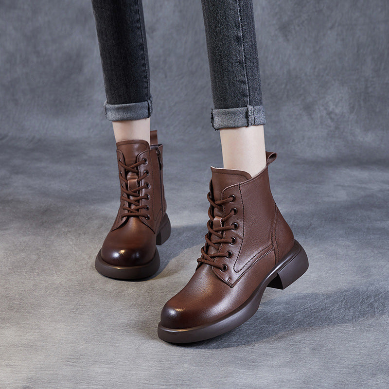 Women's Genuine Leather Lace-Up Side Zip Ankle Boots – Casual & Versatile