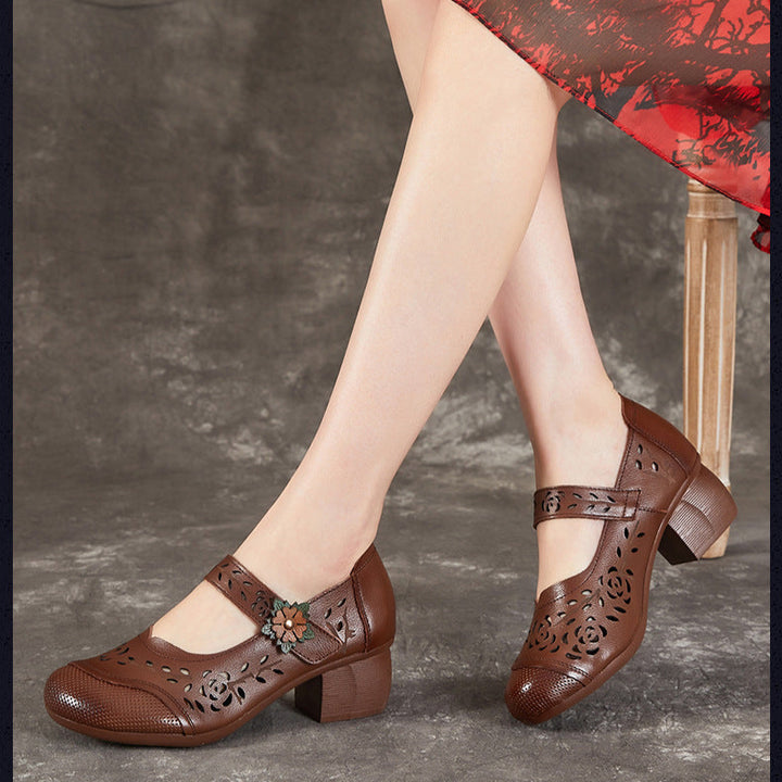 Women's Shoes Retro Summer Leather Sandals Hollowed Out Chunky Heeled