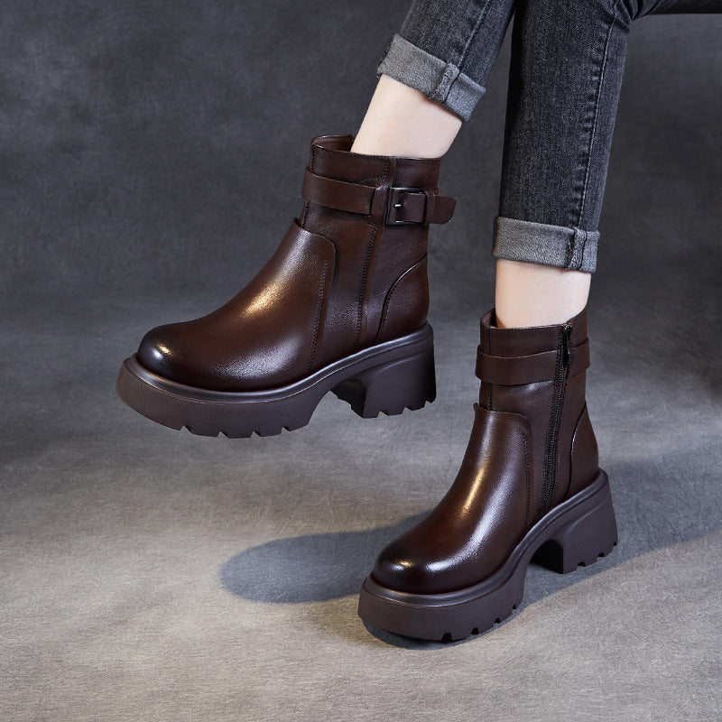 Women's Stylish Genuine Leather Platform Boots – Chunky Heel, Buckle & Side Zip