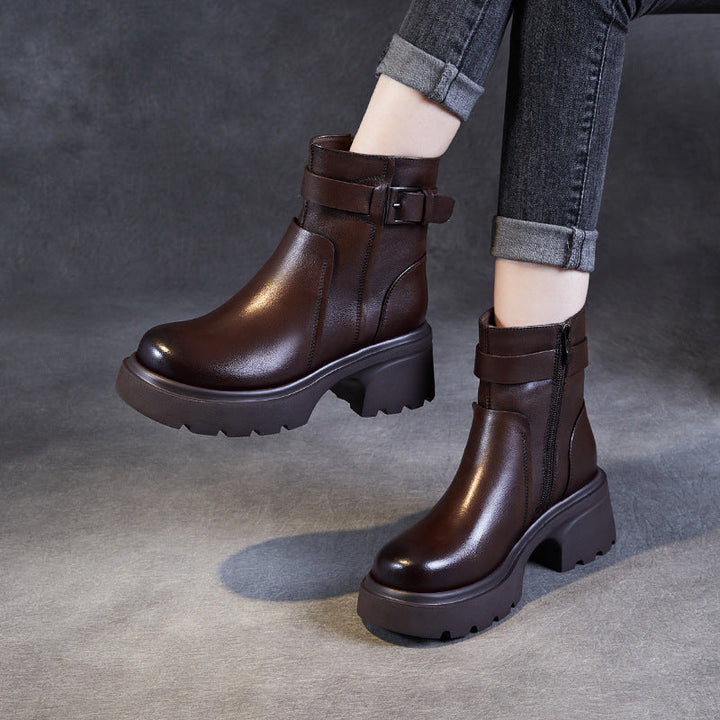 Women's Stylish Genuine Leather Platform Boots – Chunky Heel, Buckle & Side Zip