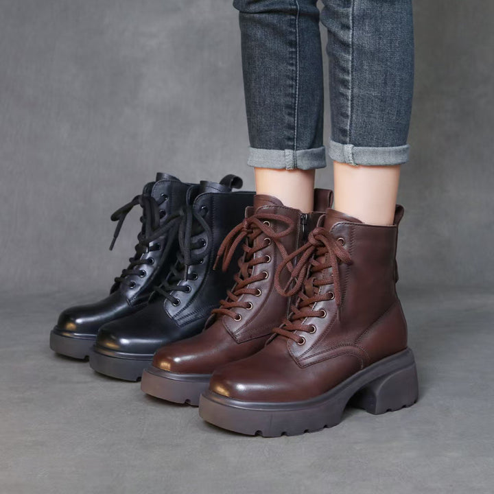 Women's Top-Grain Leather Ankle Boots Chunky Platform Block Heel Combat Booties
