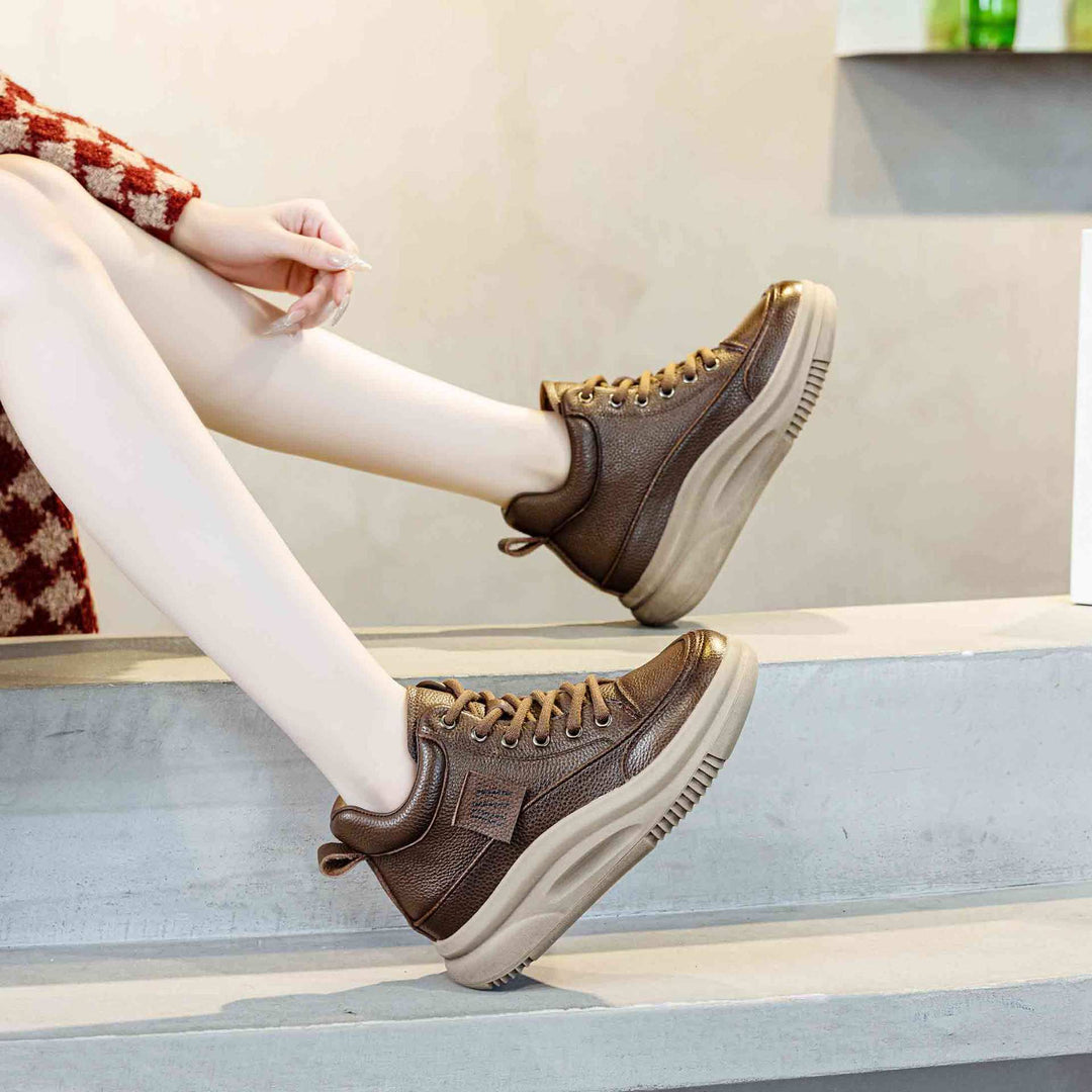 Women's Leather Lace-up Casual Platform Walking Shoes High-top Sneakers