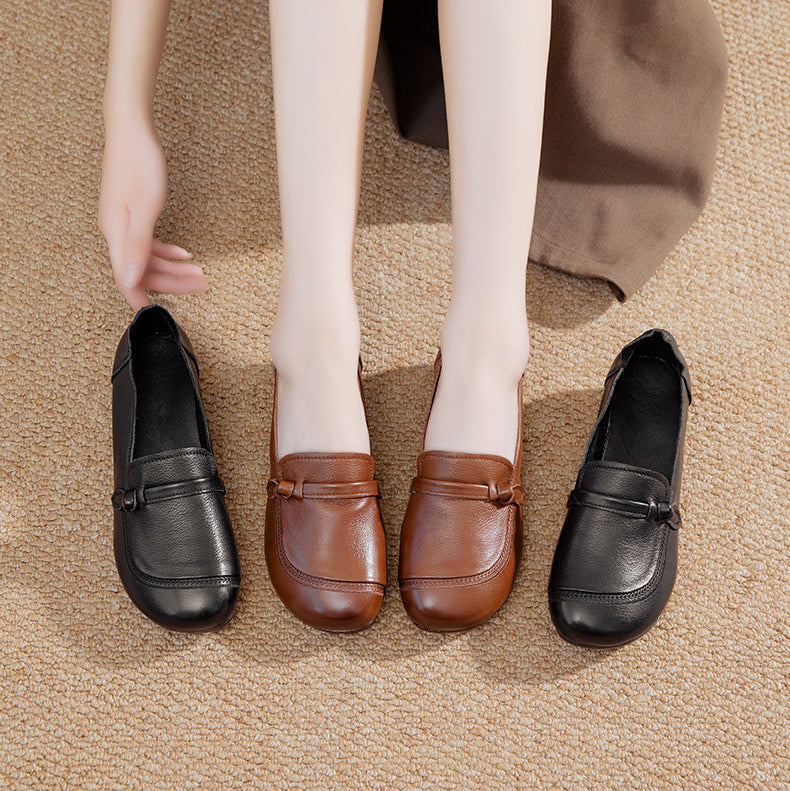 Women's Soft Leather Flats - Vintage Square Toe Drawstring Comfort Walking Shoes