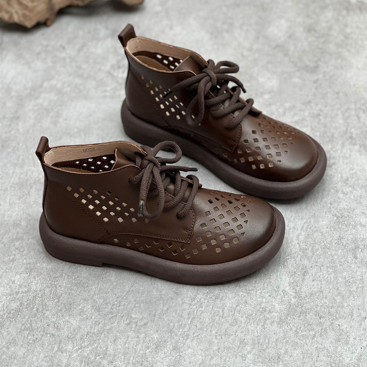 Women's Summer Leather Hole Hollow Out Lace Up Flat Sandal Boots