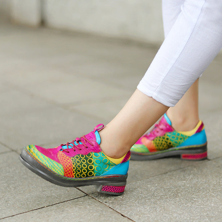 Dopamine Style Vibrant Leather Flats for Women - Artsy Geometric Print Lace-up Casual Shoes