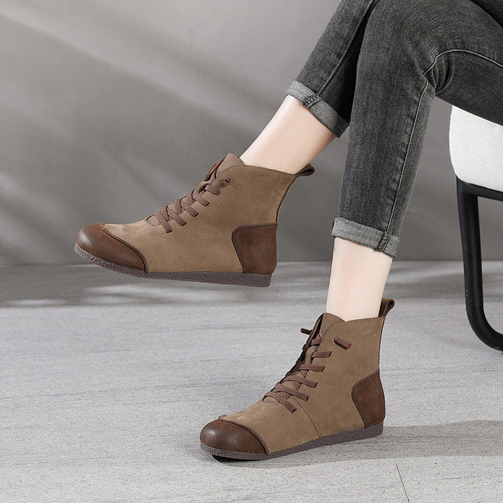 Women's Leather Contrast Panel Ankle Boots - Round-Toe Lace-Up Design