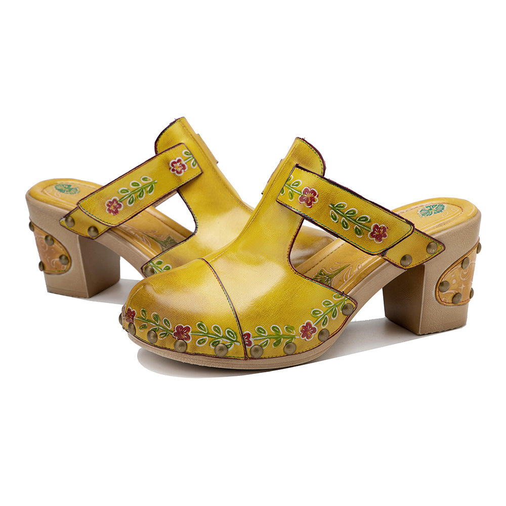 Boho Artisan Leather Mules for Women - Floral Printed Summer Sandals with Unique Studded Heel