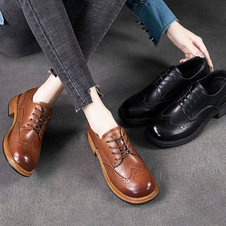 Women's Leather British-Style Brogue Lace-up Oxford Shoes