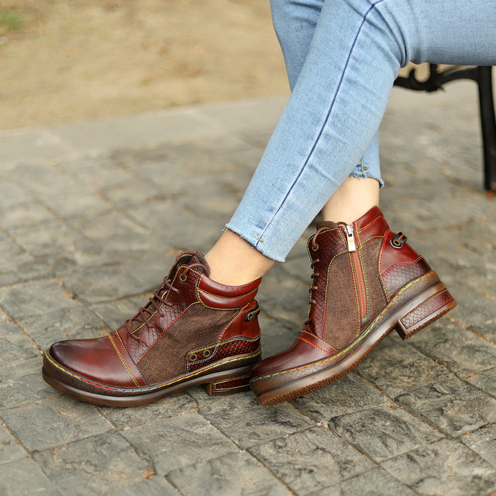 Women's Leather Ankle Boots - Contrast Stitching Flat Lace-up Zipper Boots