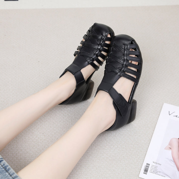 Women's Leather Fisherman Sandals - Vintage Interlocking Woven Closed Round Toe with Velcro