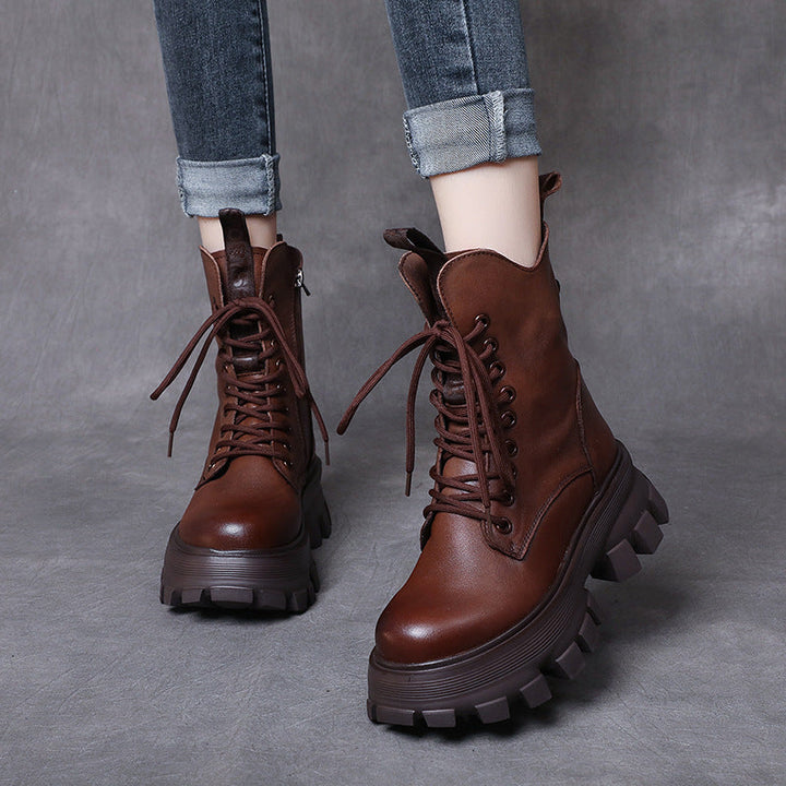 Women's Chunky Sole Combat Boots – Genuine Leather Lace-Up Ankle Boots