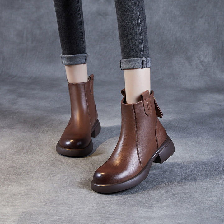 Women's Low Heel Casual Genuine Leather Boots with Back Zipper
