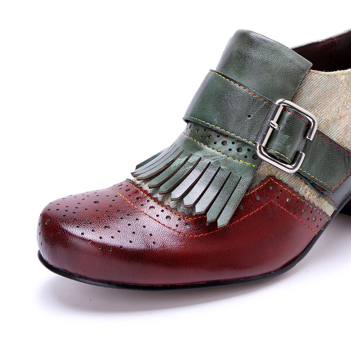 Women's Vintage Kiltie Fringe Block Heel Loafers Jacquard Sheepskin Slip On Shoes
