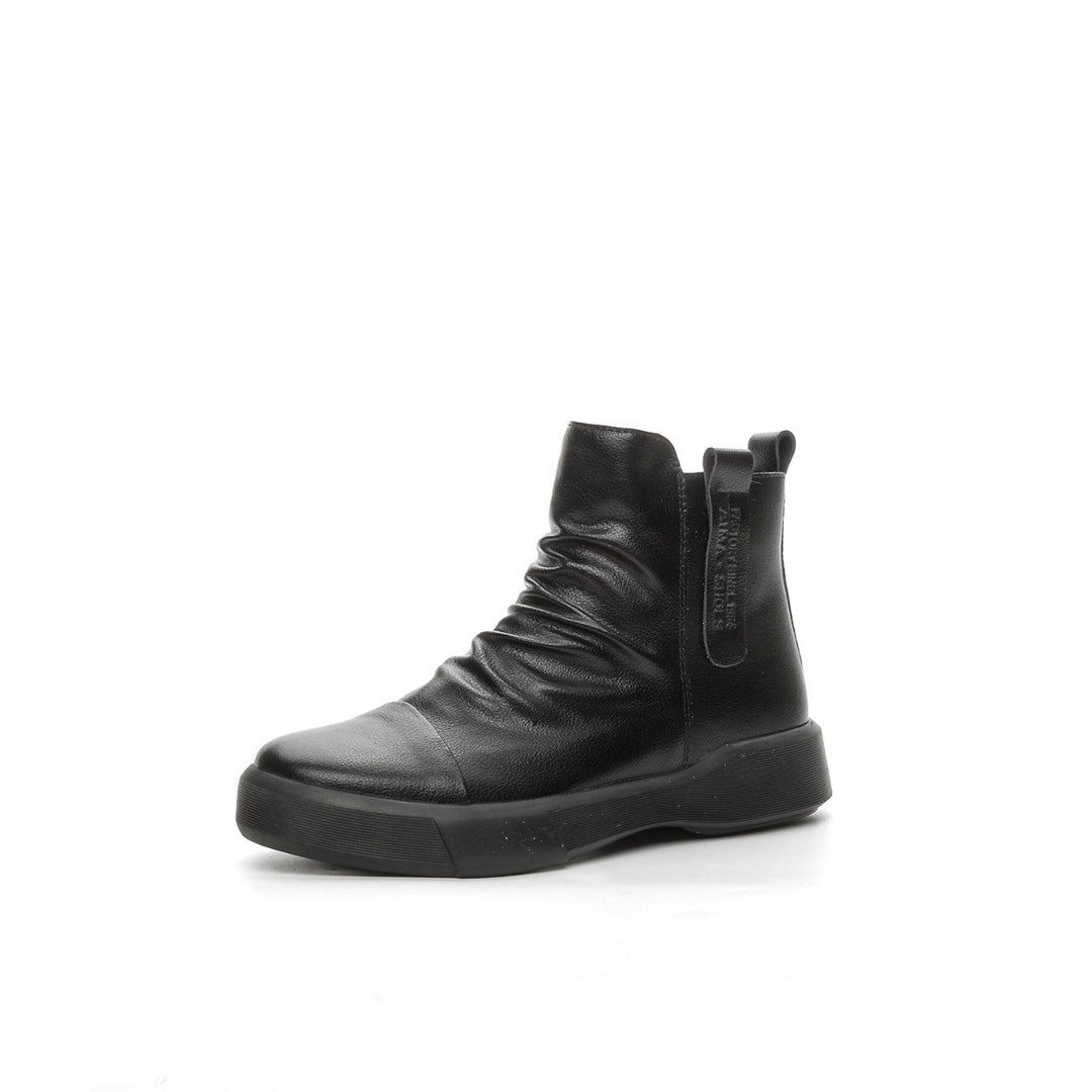 Comfortable Women's Flat Leather Boots – Casual Ruched Ankle Style