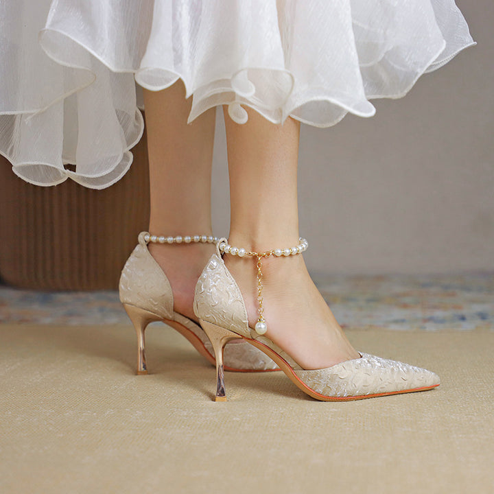Women's Pearl Wedding Shoes for Bride High Heels Pointed Toe Satin Pumps