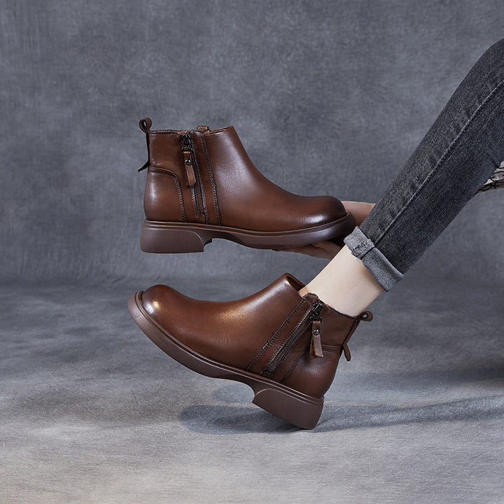 Women's Genuine Leather Casual Ankle Boots – Comfortable Double Zipper Design