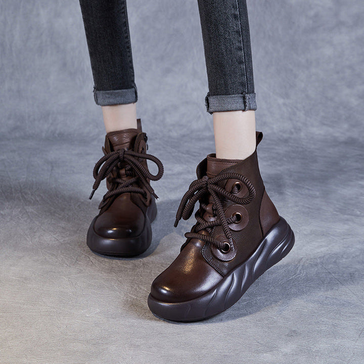 Women's Genuine Leather Lace-Up Ankle Boots – Casual Platform Chunky Sole