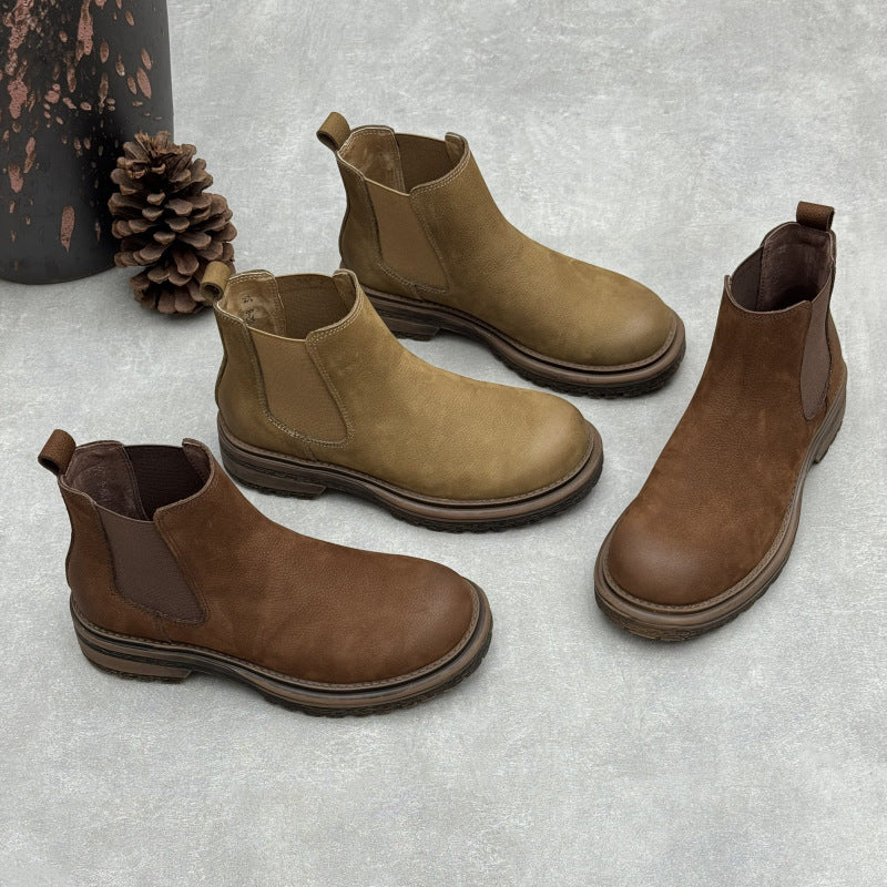 Women's Top-Grain Leather Chelsea Ankle Boots Slip On Low Platform Heel Booties