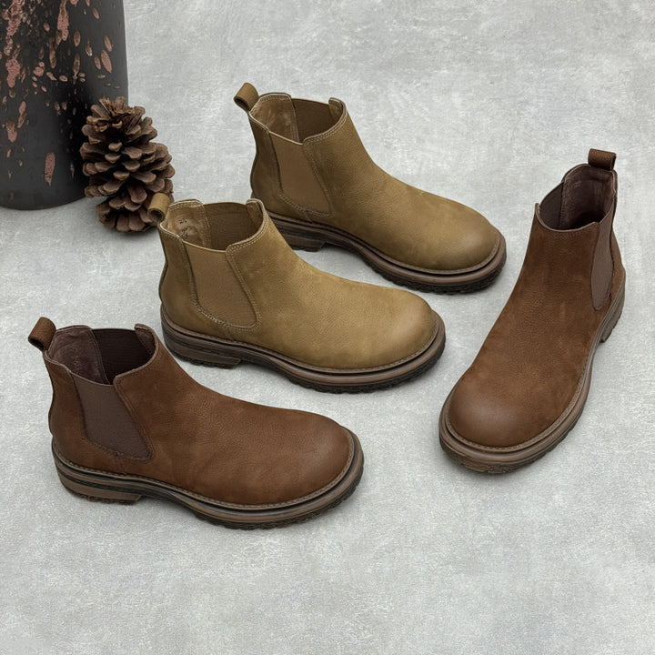 Women's Top-Grain Leather Chelsea Ankle Boots Slip On Low Platform Heel Booties