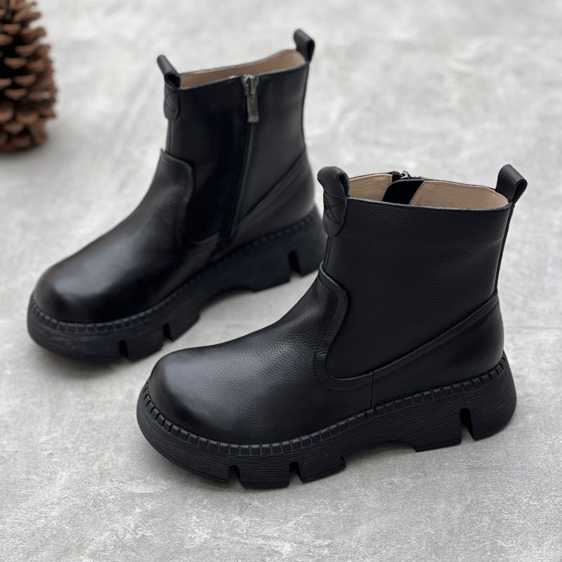 Women's Leather Side Zipper Platform Boots – Comfortable & Casual