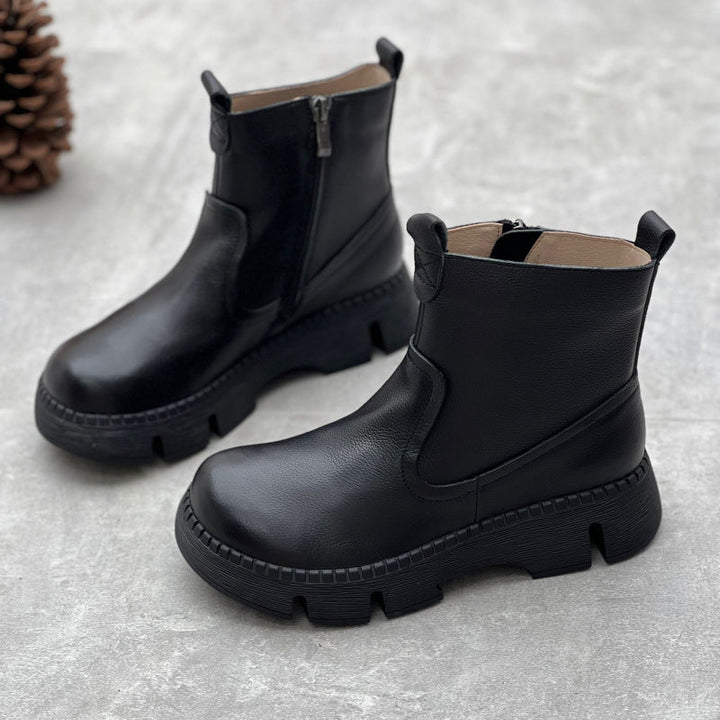 Women's Leather Side Zipper Platform Boots – Comfortable & Casual