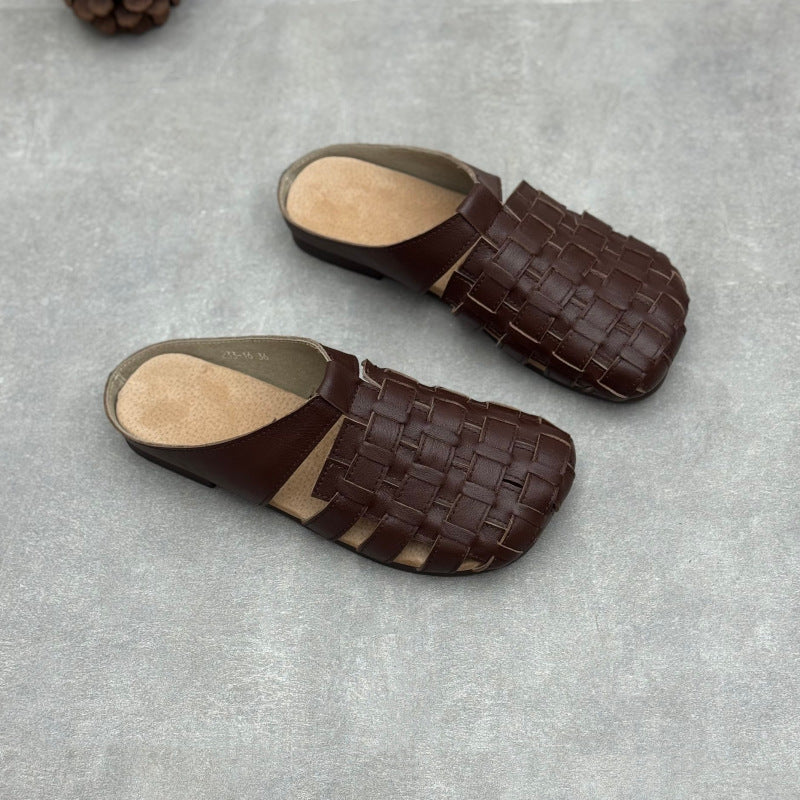 Women's Artisanal Square Toe Leather Woven Mules - Lightweight Unlined Flats