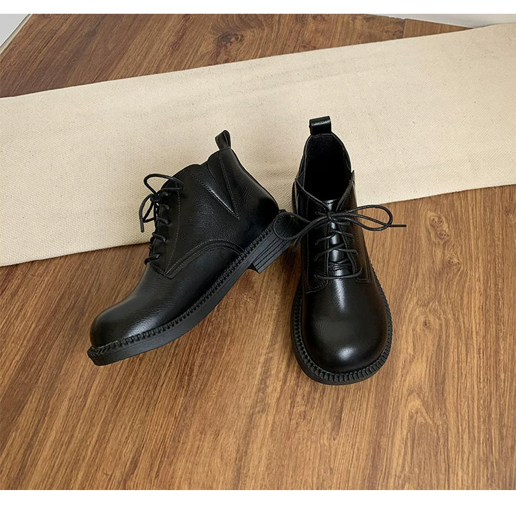 Women's Vegan Leather Ankle Boots Lace Up Casual Low Heel Booties Comfortable Walking Shoes