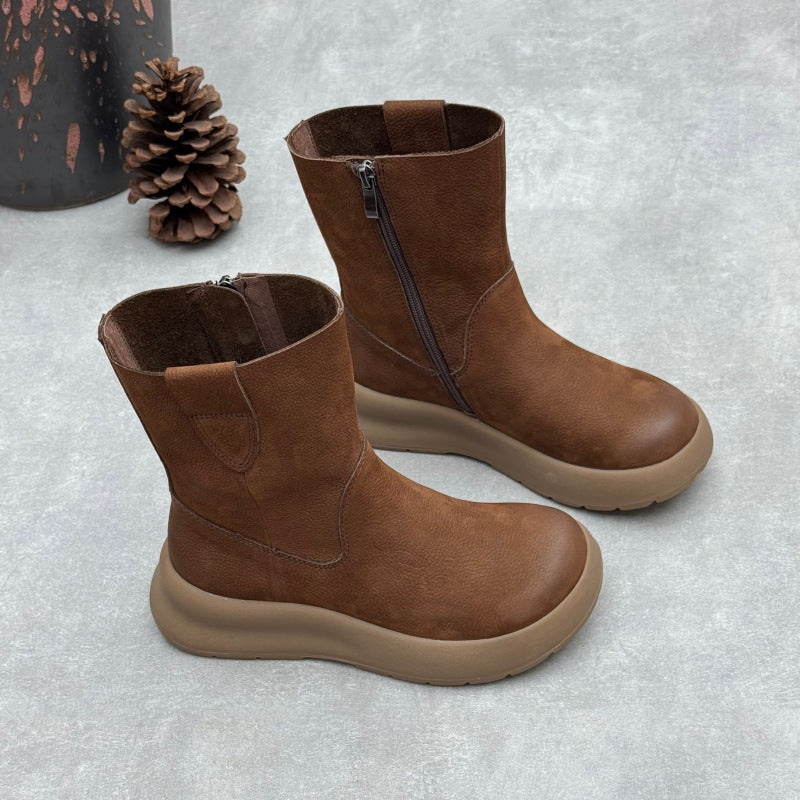 Women's Top-Grain Leather Mid Calf Boots Side Zipper Platform Casual Wedge Booties