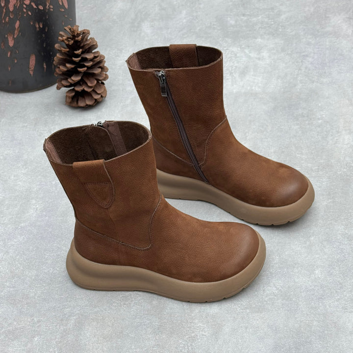 Women's Top-Grain Leather Mid Calf Boots Side Zipper Platform Casual Wedge Booties