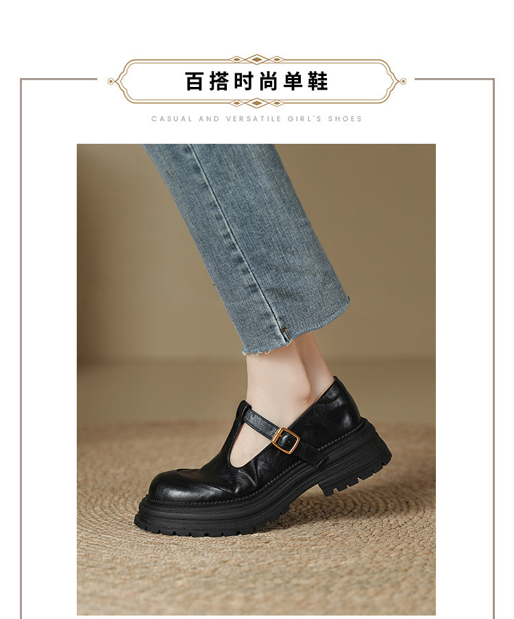 T-Buckle Platform Leather Comfortable Low Heel Women's Shoes