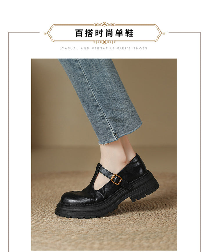 T-Buckle Platform Leather Comfortable Low Heel Women's Shoes