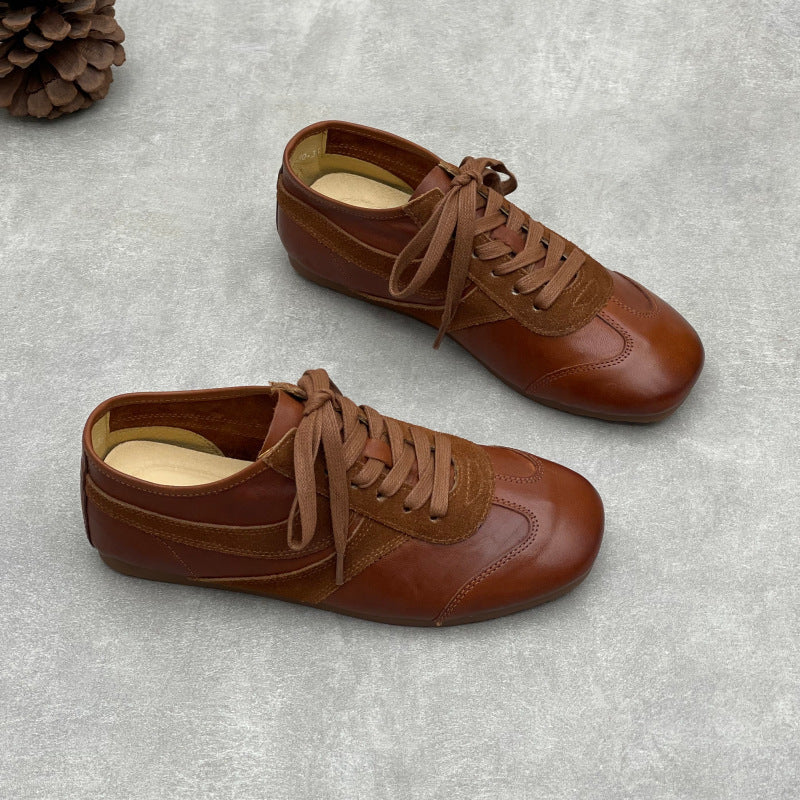 Women’s Vintage Distressed Leather Trainers – Retro Lace-Up Flats