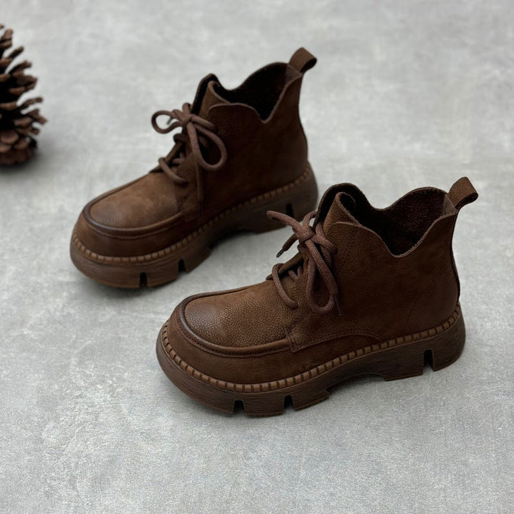 Women's Vintage Leather Lace-Up Boots – Soft Platform Short Ankle Shoes