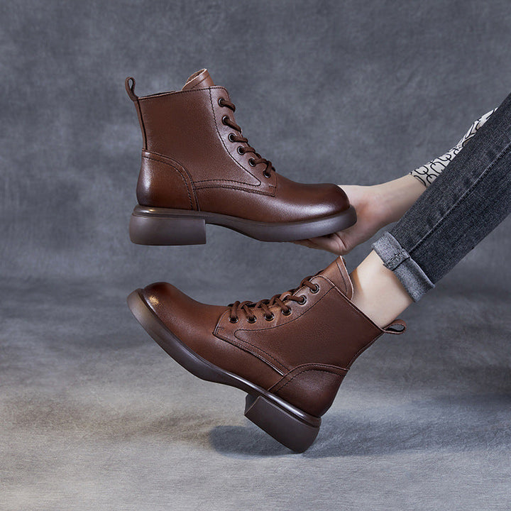 Women's Genuine Leather Lace-Up Side Zip Ankle Boots – Casual & Versatile