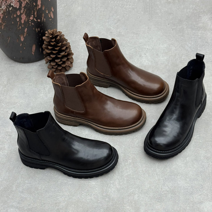 Women's Washed Leather Chelsea Ankle Boots Slip On Low Platform Heel Booties