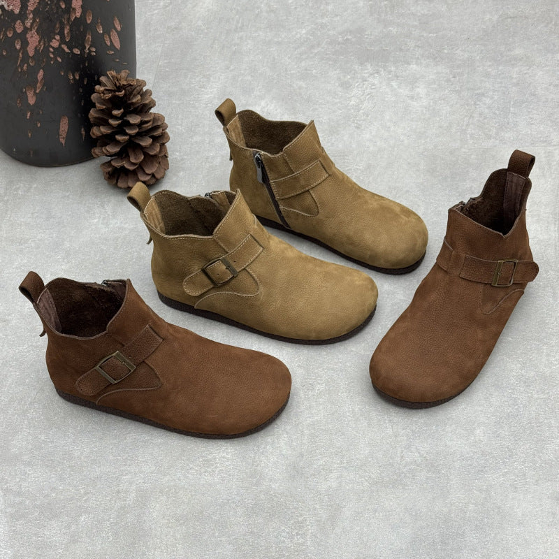 Women's Vintage Top-Grain Leather Ankle Boots Slip On Buckle Strap Flat Booties