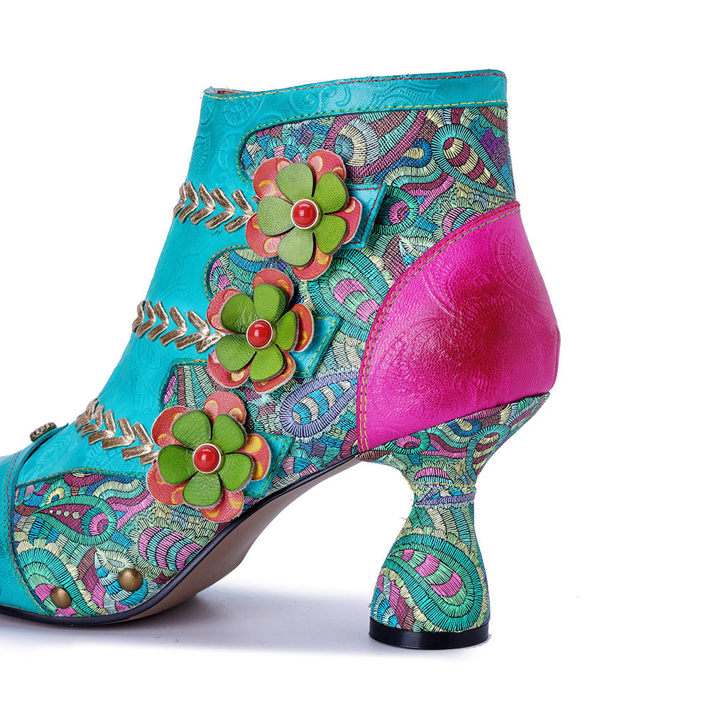 Bohemian Floral Sheepskin Booties for Women - Peep Toe Summer Sandals