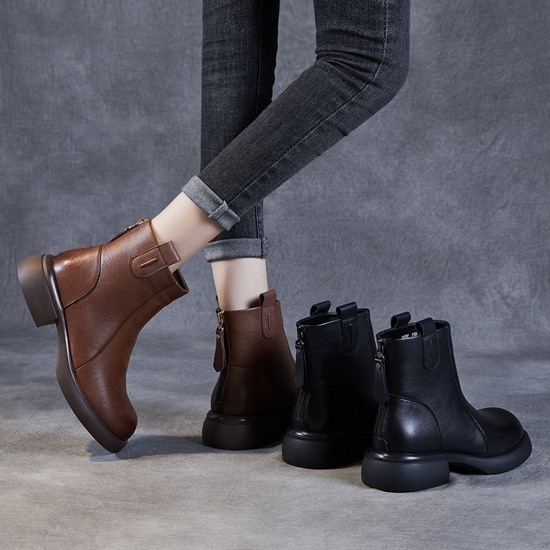 Women's Low Heel Casual Genuine Leather Boots with Back Zipper