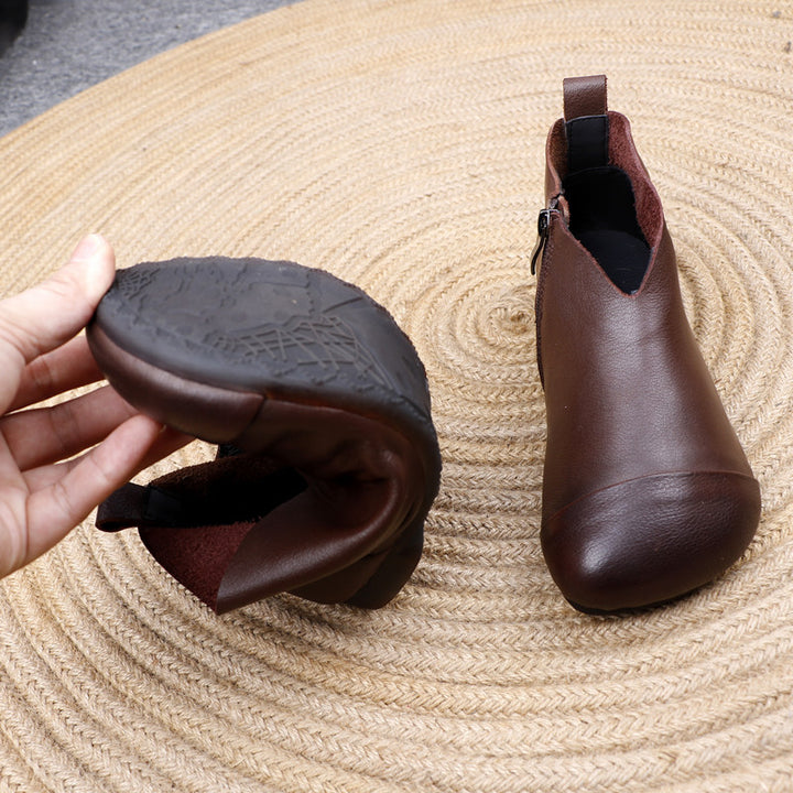 Women's Genuine Leather Ankle Boots Side Zipper V-Cut Flat Booties Casual Walking Shoes