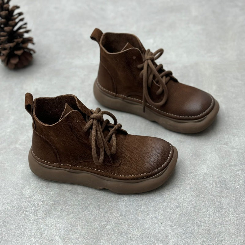Retro Style Women's Soft Leather Ankle Boots – Platform Lace-Up Short Boots
